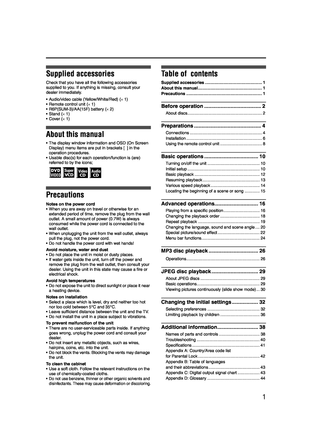 JVC LET0227-003A Supplied accessories, About this manual, Precautions, Table of contents, Before operation, Preparations 