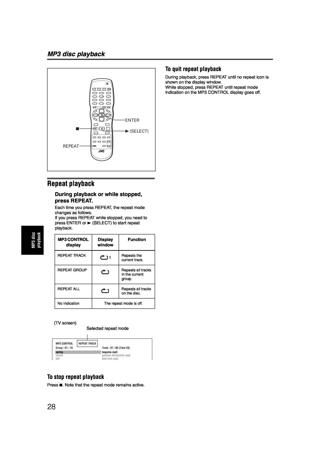 JVC LET0227-003A manual Repeat playback, During playback or while stopped, press REPEAT, MP3 disc playback 