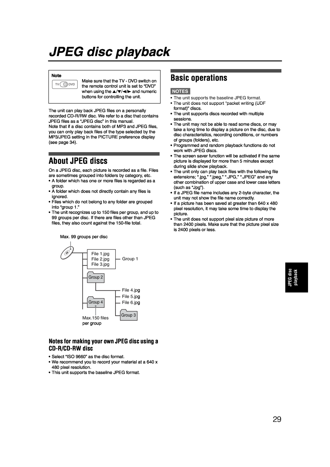 JVC LET0227-003A manual JPEG disc playback, About JPEG discs, Basic operations 