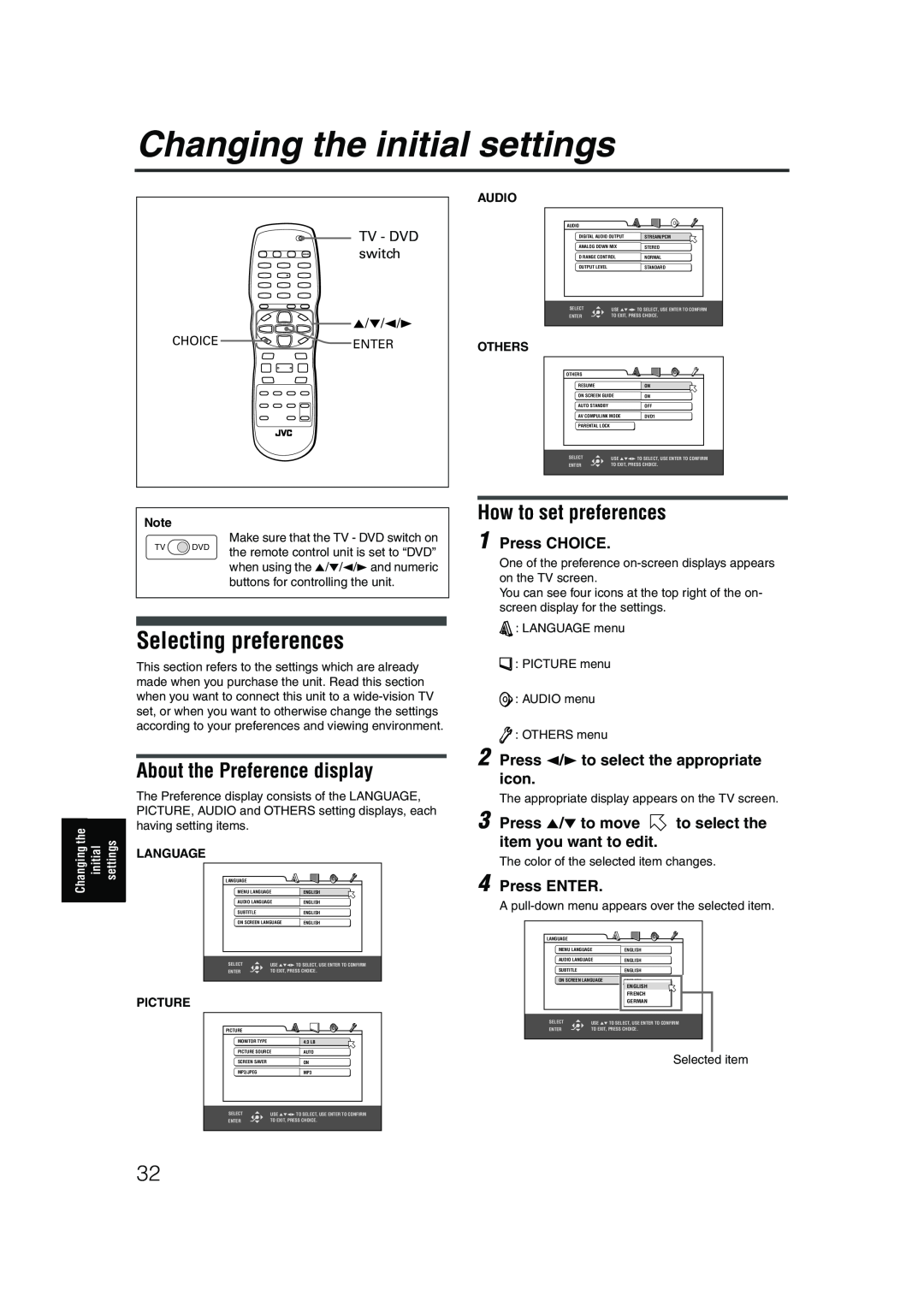 JVC LET0227-003A Changing the initial settings, Selecting preferences, How to set preferences, Press CHOICE, Press ENTER 