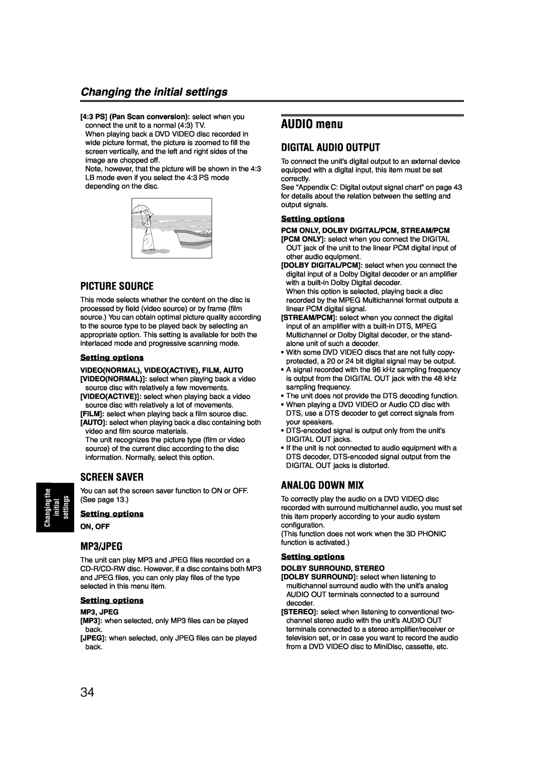 JVC LET0227-003A manual AUDIO menu, Picture Source, Digital Audio Output, Screen Saver, MP3/JPEG, Analog Down Mix 