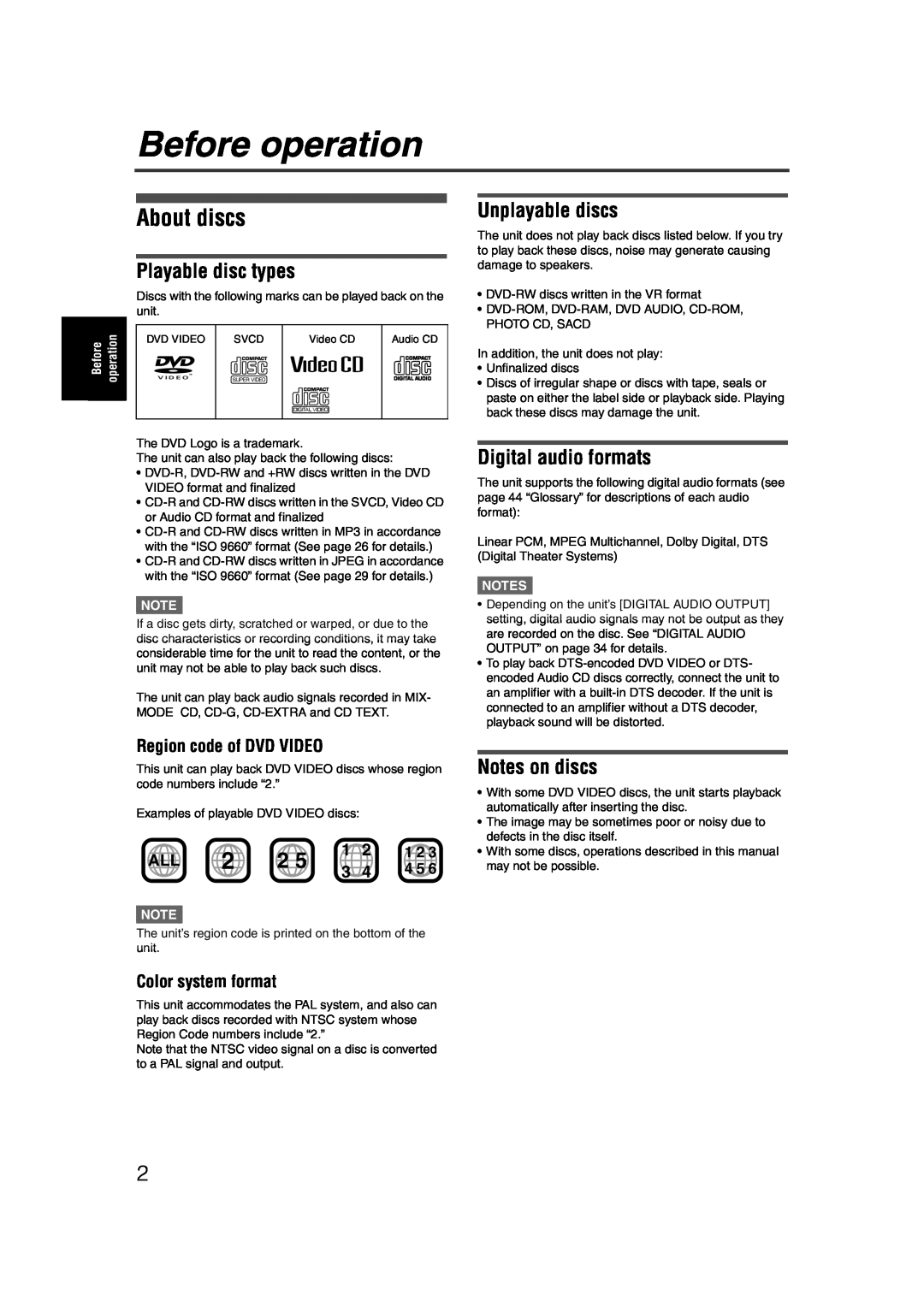 JVC LET0227-003A manual Before operation, About discs, Playable disc types, Unplayable discs, Digital audio formats 