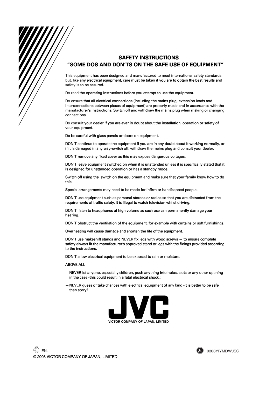 JVC LET0227-003A manual Safety Instructions, “Some Dos And Don’Ts On The Safe Use Of Equipment” 
