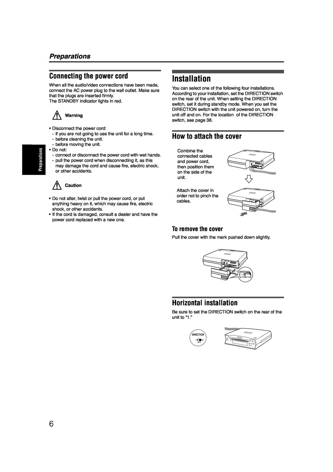 JVC LET0227-003A Installation, Connecting the power cord, How to attach the cover, Horizontal installation, Preparations 