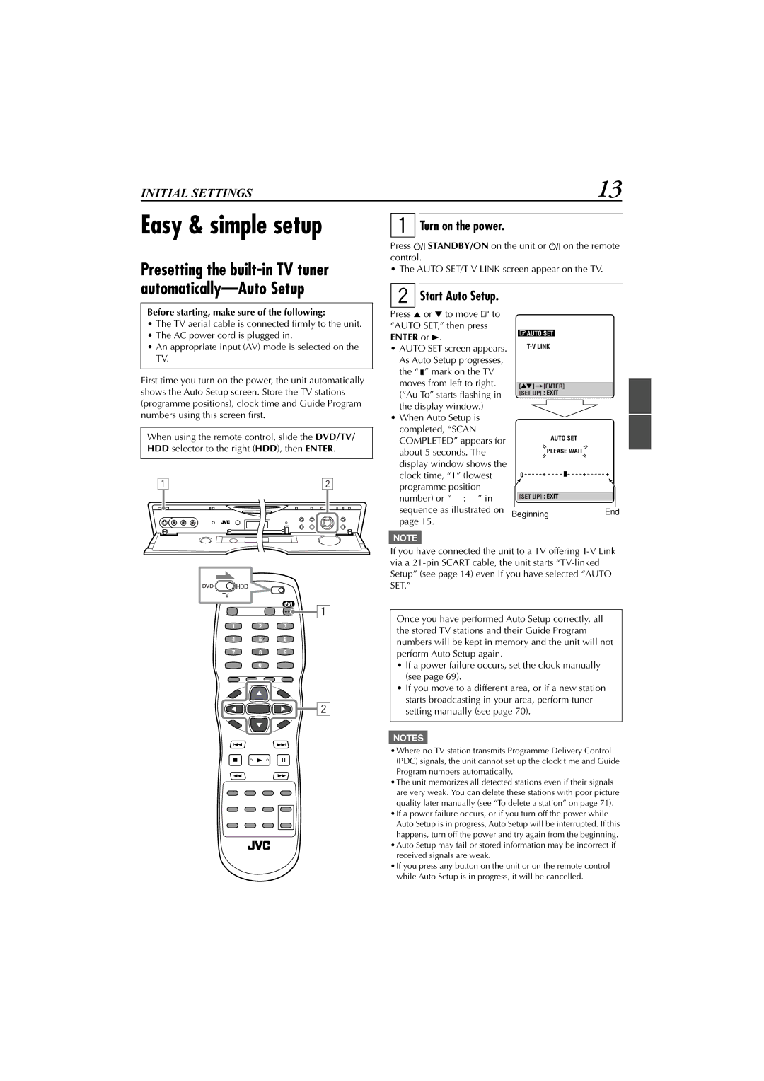 JVC XV-DDV1SL manual Easy & simple setup, Presetting the built-in TV tuner, Automatically-Auto Setup, Turn on the power 