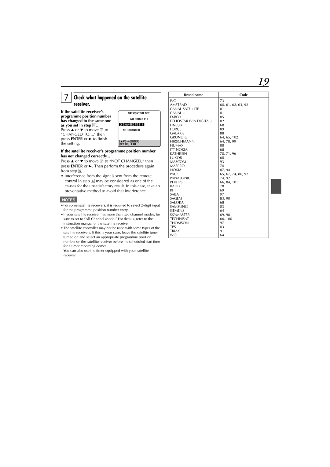 JVC XV-DDV1SL, LET0239-001A manual Check what happened on the satellite receiver, Brand name Code 