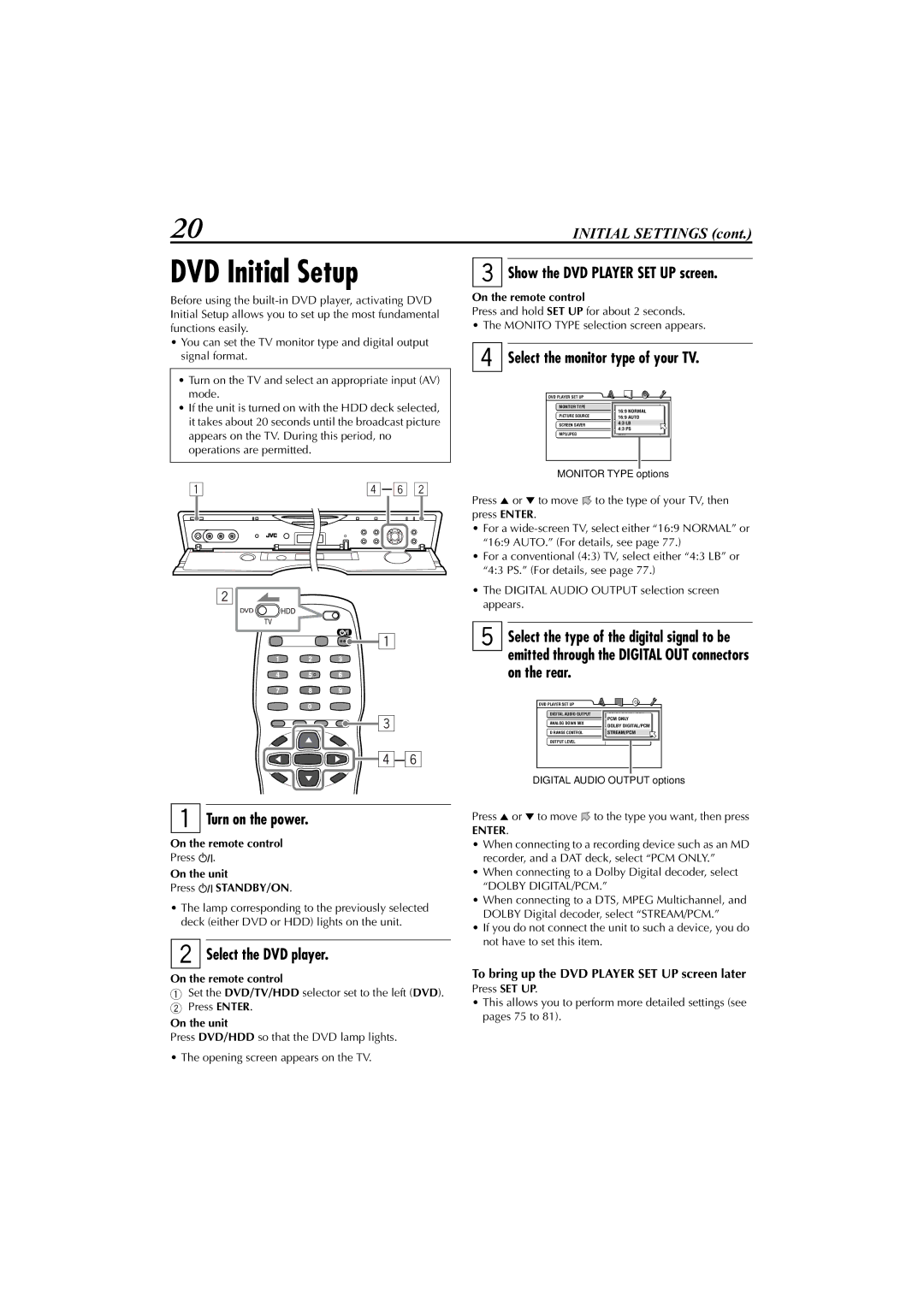 JVC LET0239-001A, XV-DDV1SL manual DVD Initial Setup, Select the DVD player, Select the monitor type of your TV 