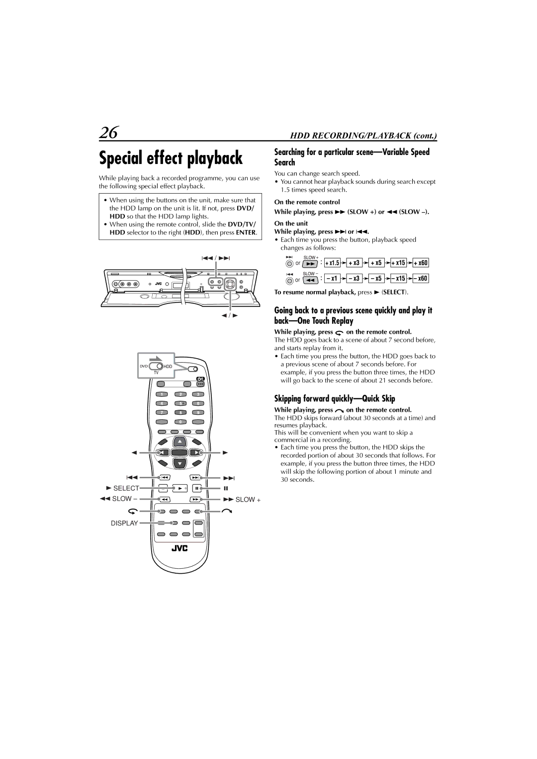 JVC LET0239-001A, XV-DDV1SL Searching for a particular scene-Variable Speed Search, Skipping forward quickly-Quick Skip 