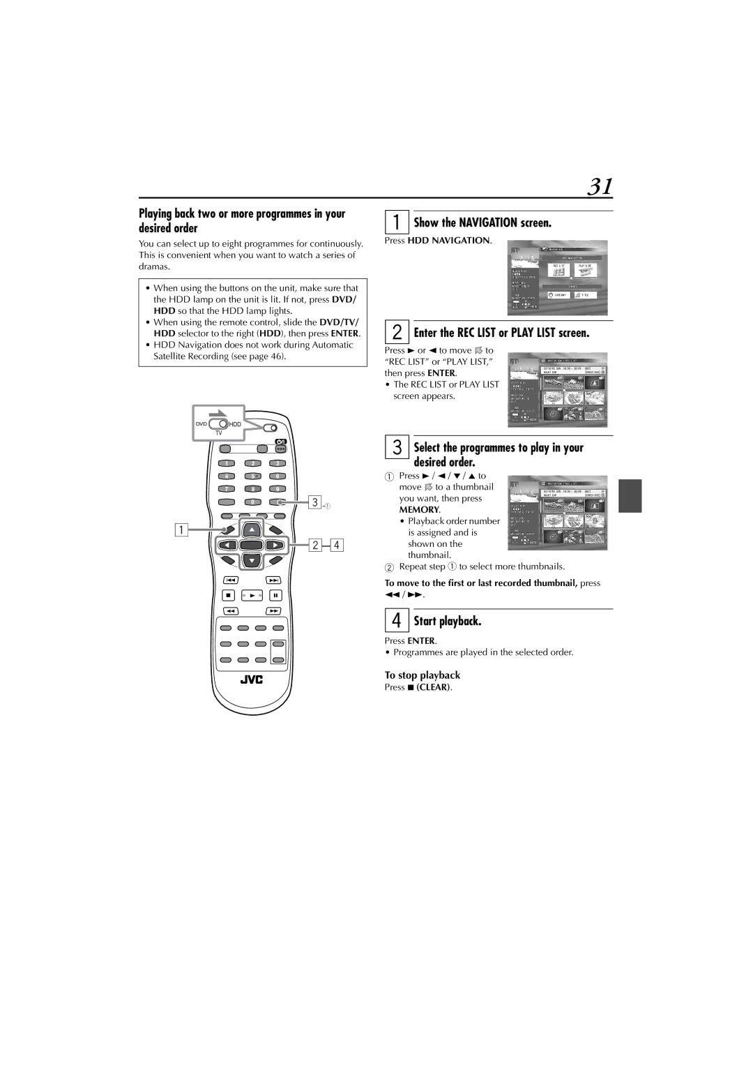 JVC XV-DDV1SL, LET0239-001A manual Playing back two or more programmes in your desired order, Memory, Press 7 Clear 