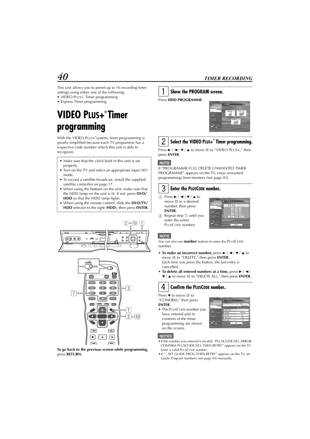 JVC LET0239-001A, XV-DDV1SL manual Show the Program screen, Enter the Pluscode number, Conﬁrm the Pluscode number 