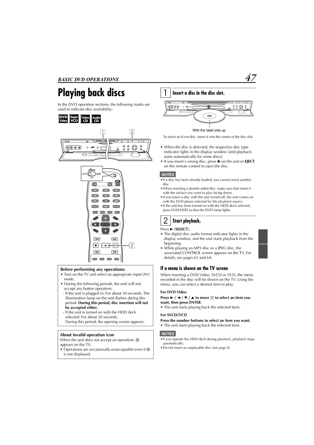 JVC XV-DDV1SL, LET0239-001A manual Playing back discs, Insert a disc in the disc slot, If a menu is shown on the TV screen 