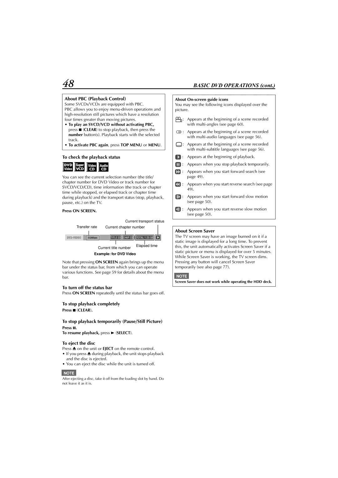 JVC LET0239-001A About PBC Playback Control, To check the playback status, About Screen Saver, To turn off the status bar 