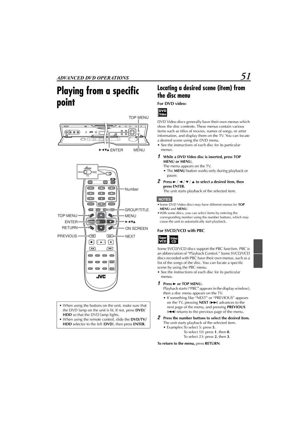 JVC XV-DDV1SL, LET0239-001A Playing from a speciﬁc point, Locating a desired scene item from the disc menu, For DVD video 