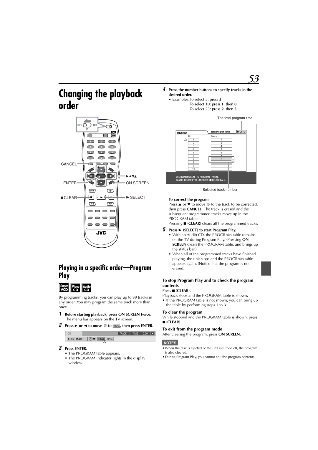 JVC XV-DDV1SL, LET0239-001A Changing the playback order, Playing in a speciﬁc order-Program Play, To clear the program 