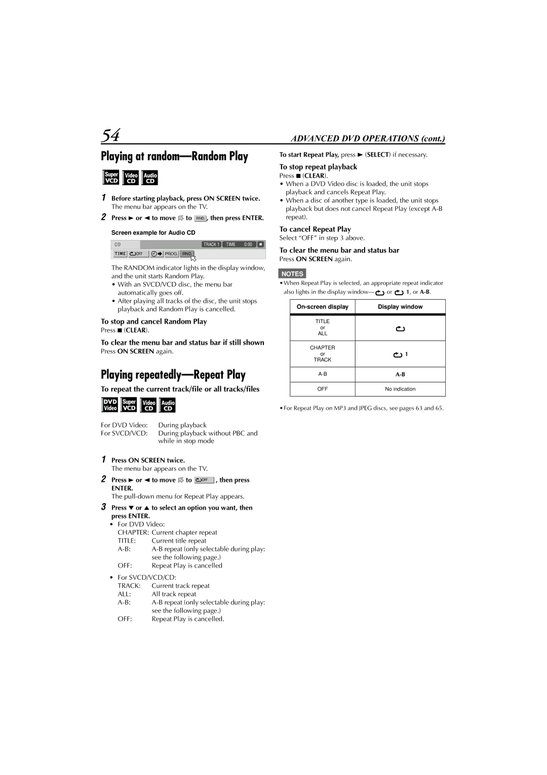 JVC LET0239-001A To stop and cancel Random Play, To repeat the current track/ﬁle or all tracks/ﬁles, To cancel Repeat Play 