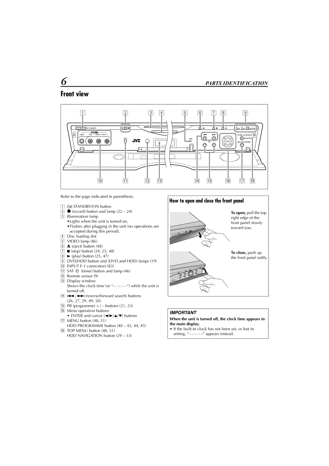 JVC LET0239-001A, XV-DDV1SL manual Front view, How to open and close the front panel 