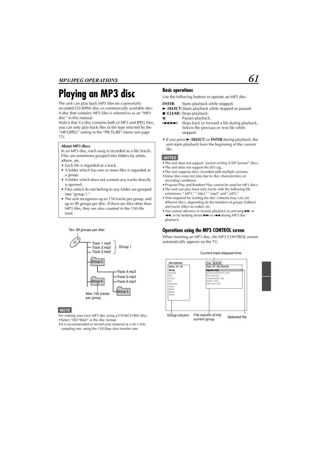 JVC XV-DDV1SL manual Playing an MP3 disc, Basic operations, Operations using the MP3 Control screen, About MP3 discs 