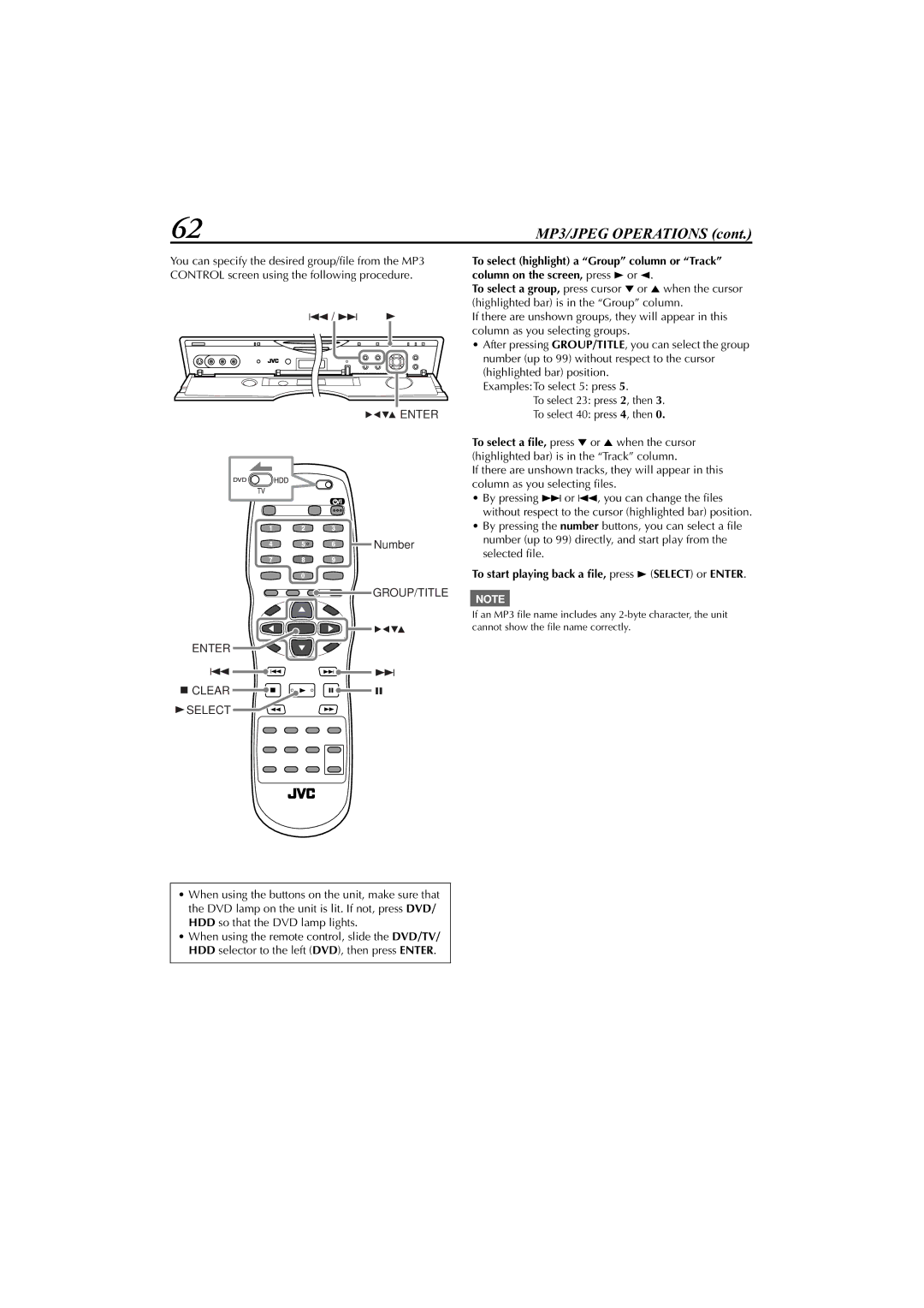 JVC LET0239-001A, XV-DDV1SL manual MP3/JPEG Operations, To start playing back a ﬁle, press 3 Select or Enter 