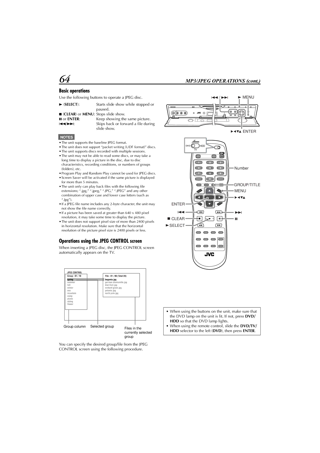 JVC LET0239-001A manual Operations using the Jpeg Control screen, Use the following buttons to operate a Jpeg disc, Select 