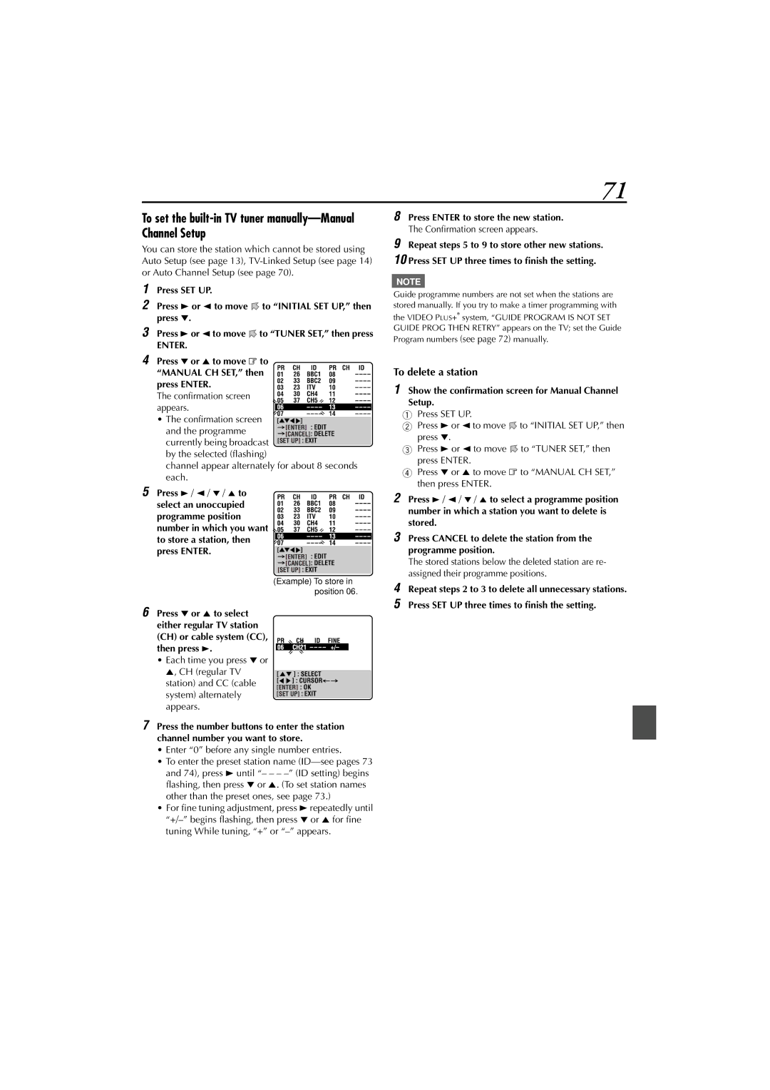 JVC XV-DDV1SL, LET0239-001A To set the built-in TV tuner manually-Manual Channel Setup, To delete a station 