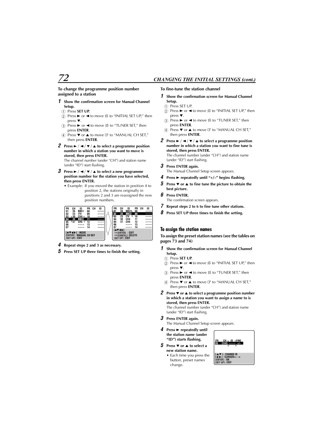 JVC LET0239-001A, XV-DDV1SL manual To assign the station names, To ﬁne-tune the station channel, Press Enter again 