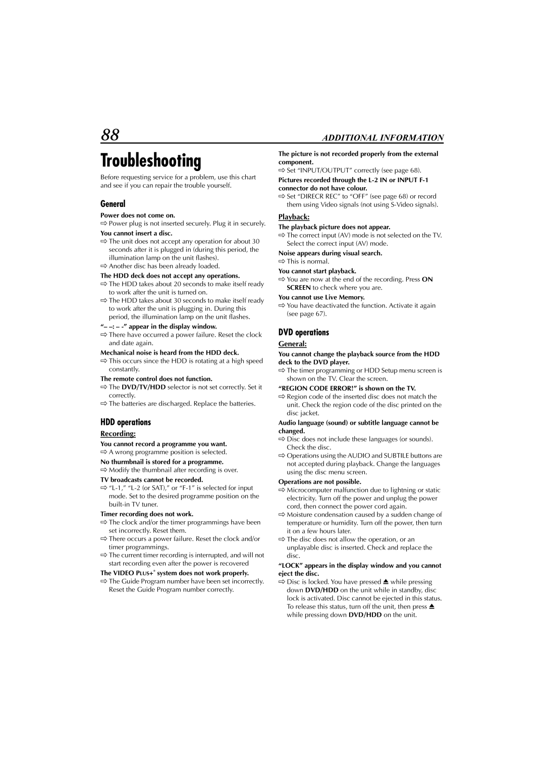 JVC LET0239-001A, XV-DDV1SL manual Troubleshooting, General, HDD operations, DVD operations 