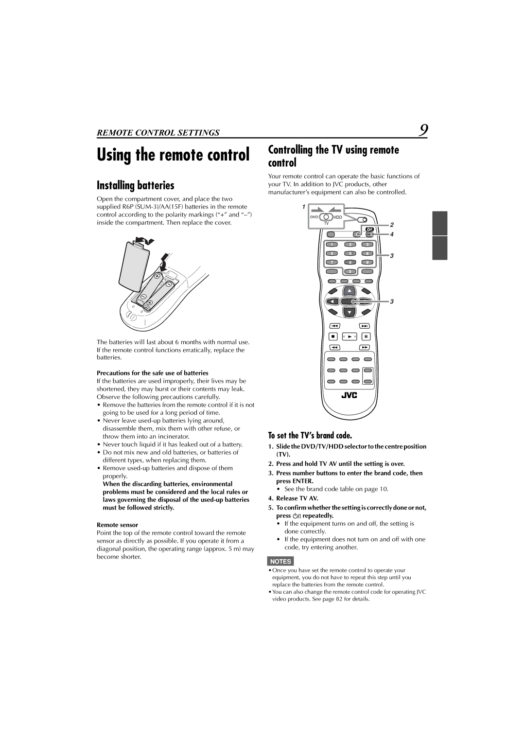 JVC XV-DDV1SL, LET0239-001A manual Installing batteries, Controlling the TV using remote control, To set the TV’s brand code 