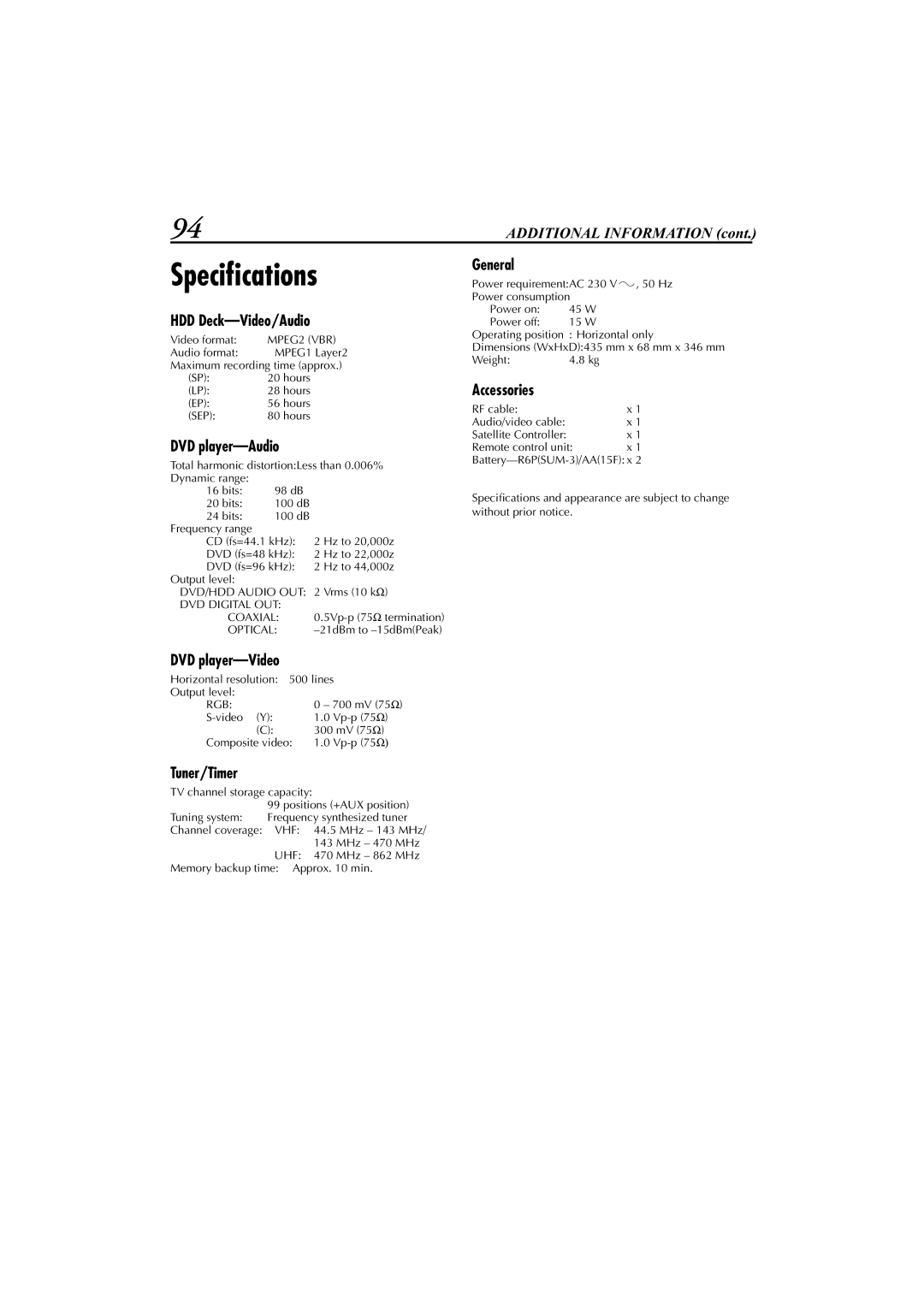 JVC LET0239-001A, XV-DDV1SL manual Speciﬁcations 