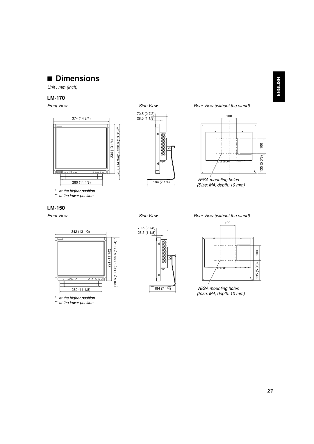 JVC LM-150, LM-170 manual Dimensions 