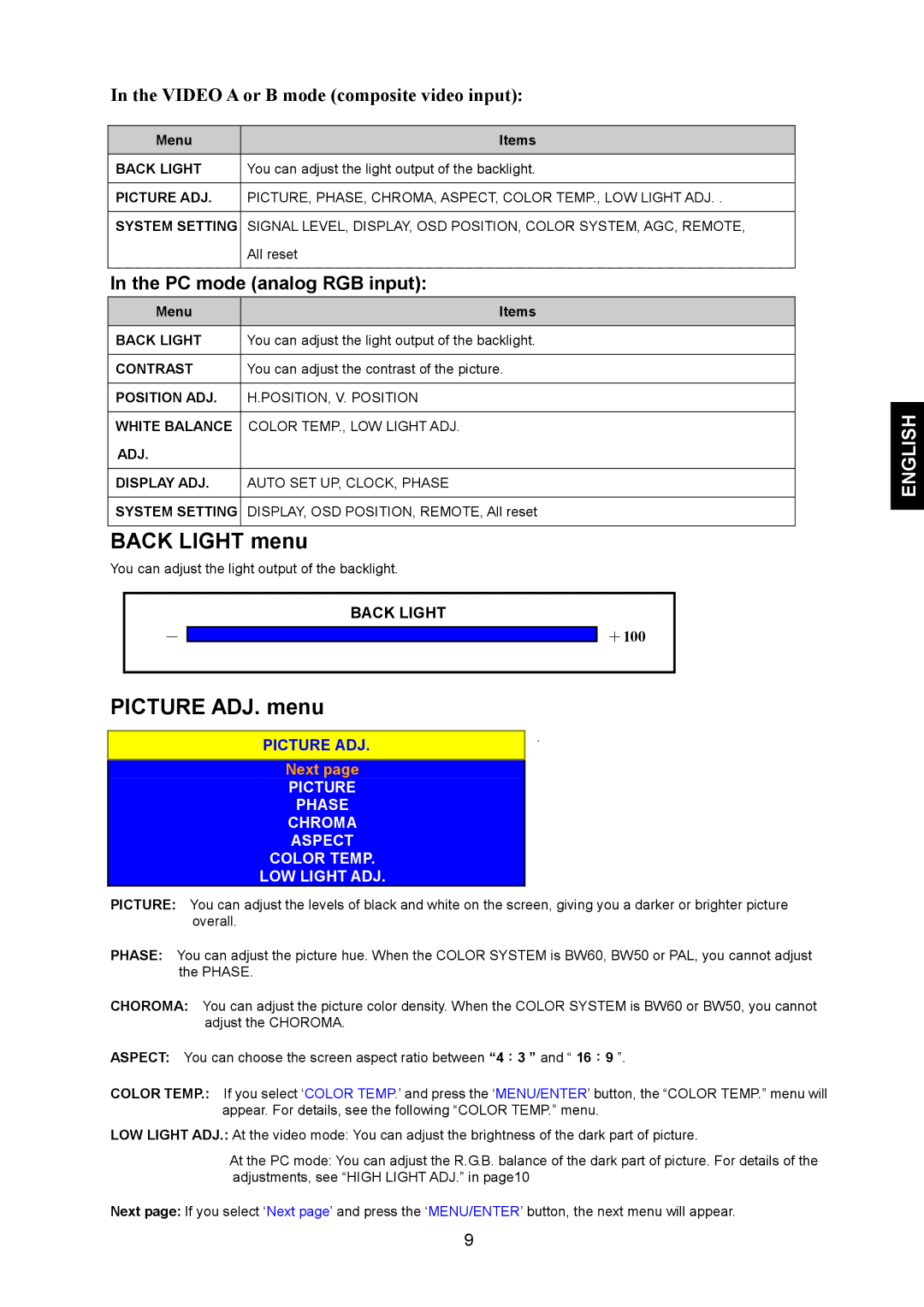 JVC LM-17G, LM-15G manual Back Light menu, Picture ADJ. menu 