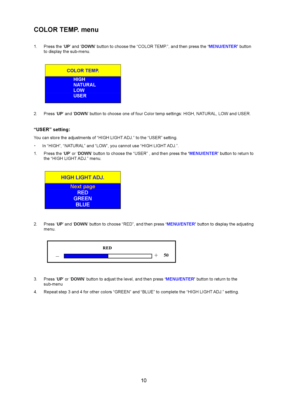 JVC LM-15G, LM-17G manual Color TEMP. menu, High Natural LOW User 