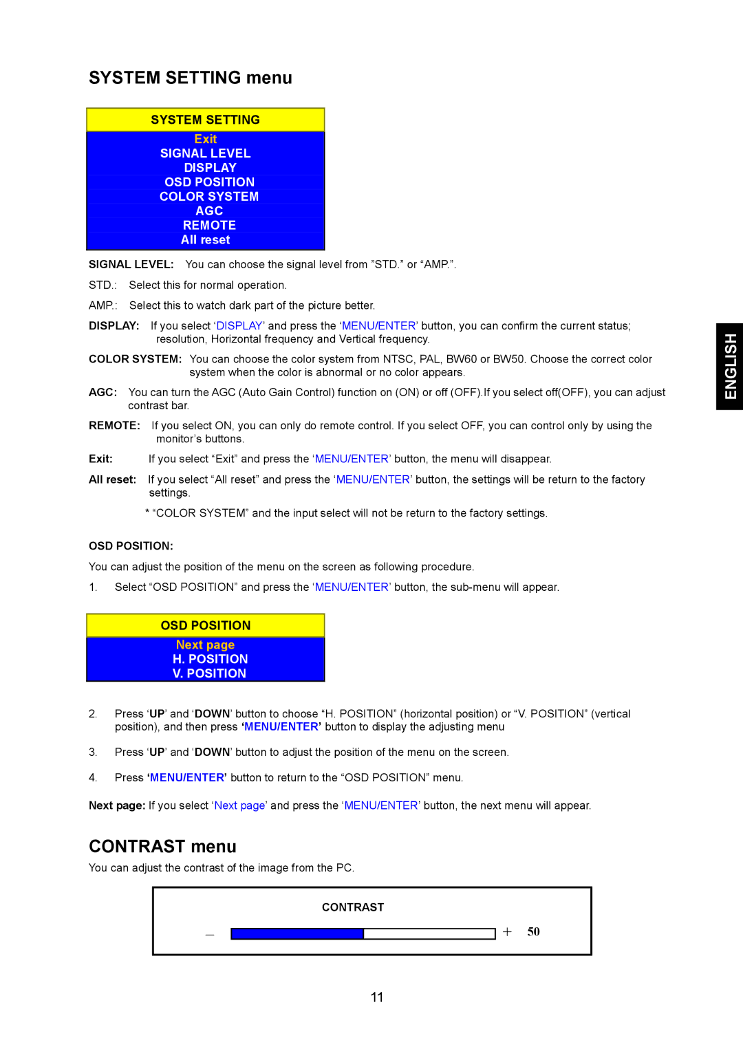 JVC LM-17G, LM-15G manual System Setting menu, Contrast menu 