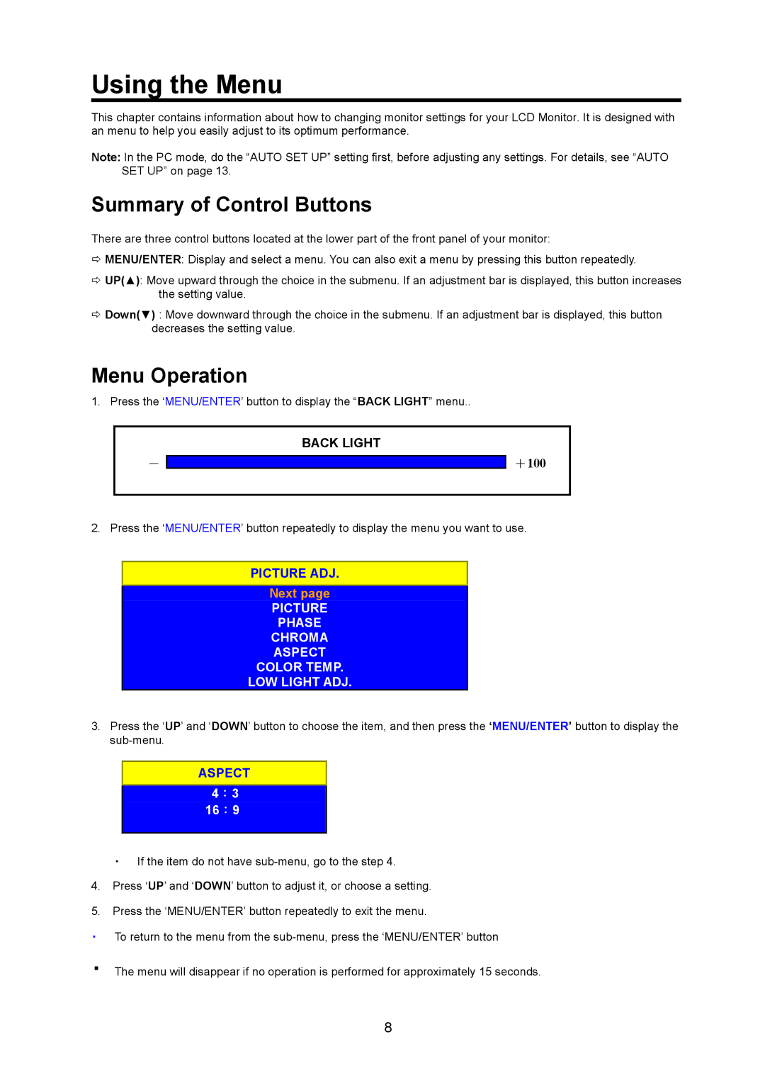 JVC LM-15G, LM-17G manual Using the Menu, Summary of Control Buttons, Menu Operation 