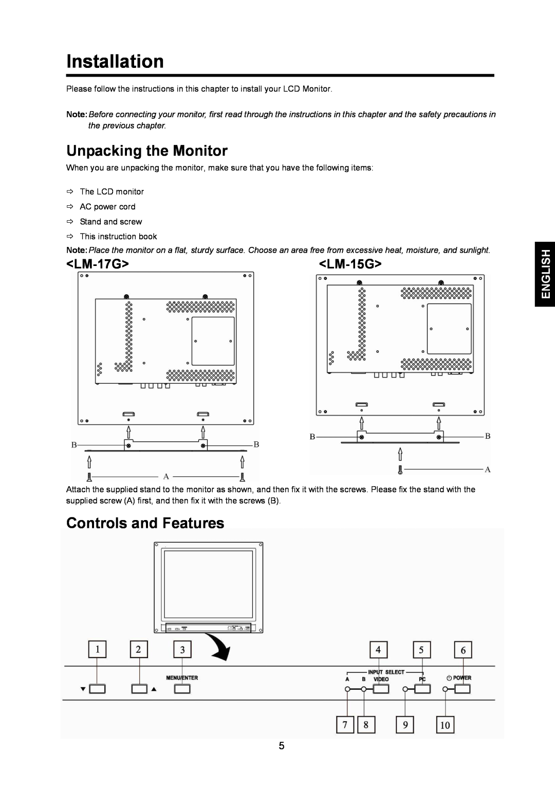 JVC manual Installation, Unpacking the Monitor, Controls and Features, LM-17GLM-15G, English 