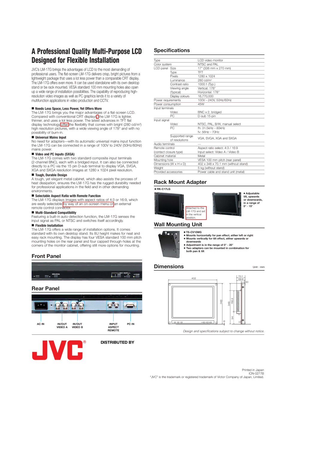 JVC LM-17GEA manual Front Panel Rear Panel, Specifications, Rack Mount Adapter, Wall Mounting Unit 