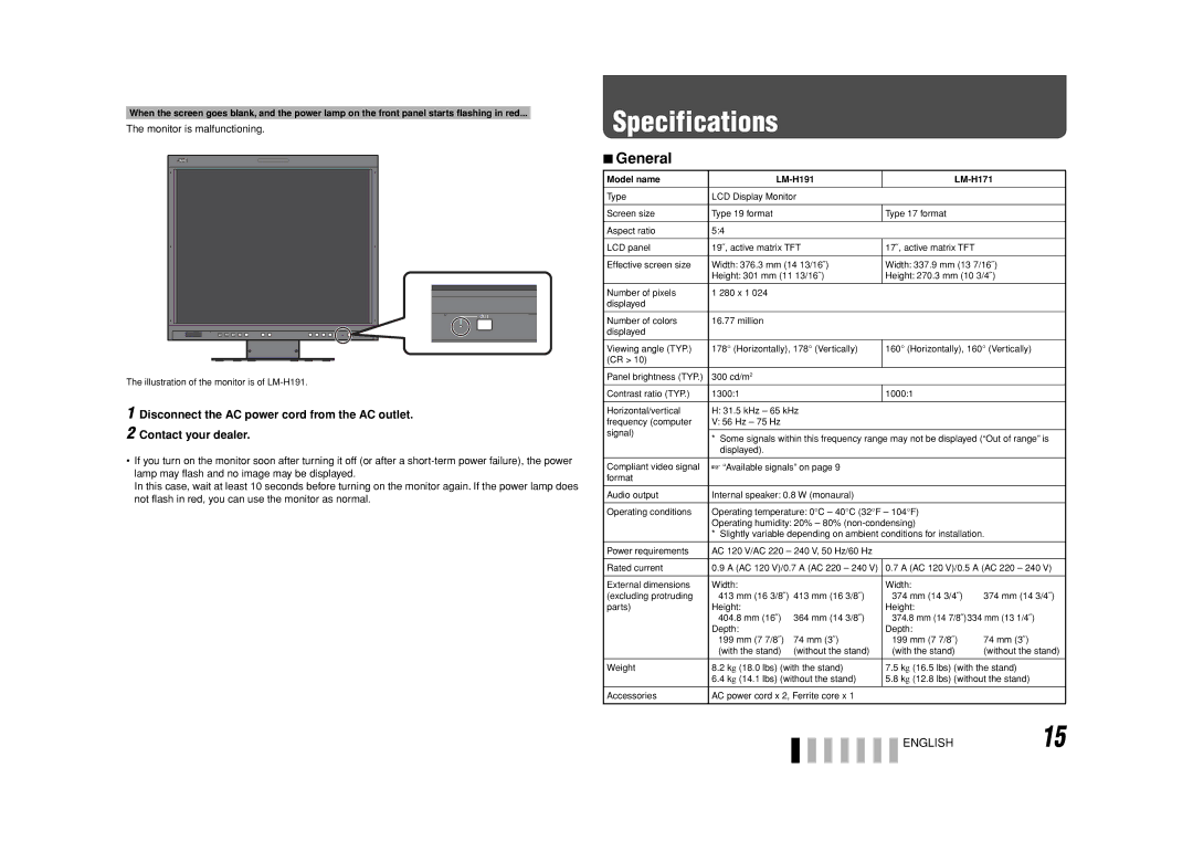 JVC manual Specifications, General, Monitor is malfunctioning, Model name LM-H191 LM-H171 