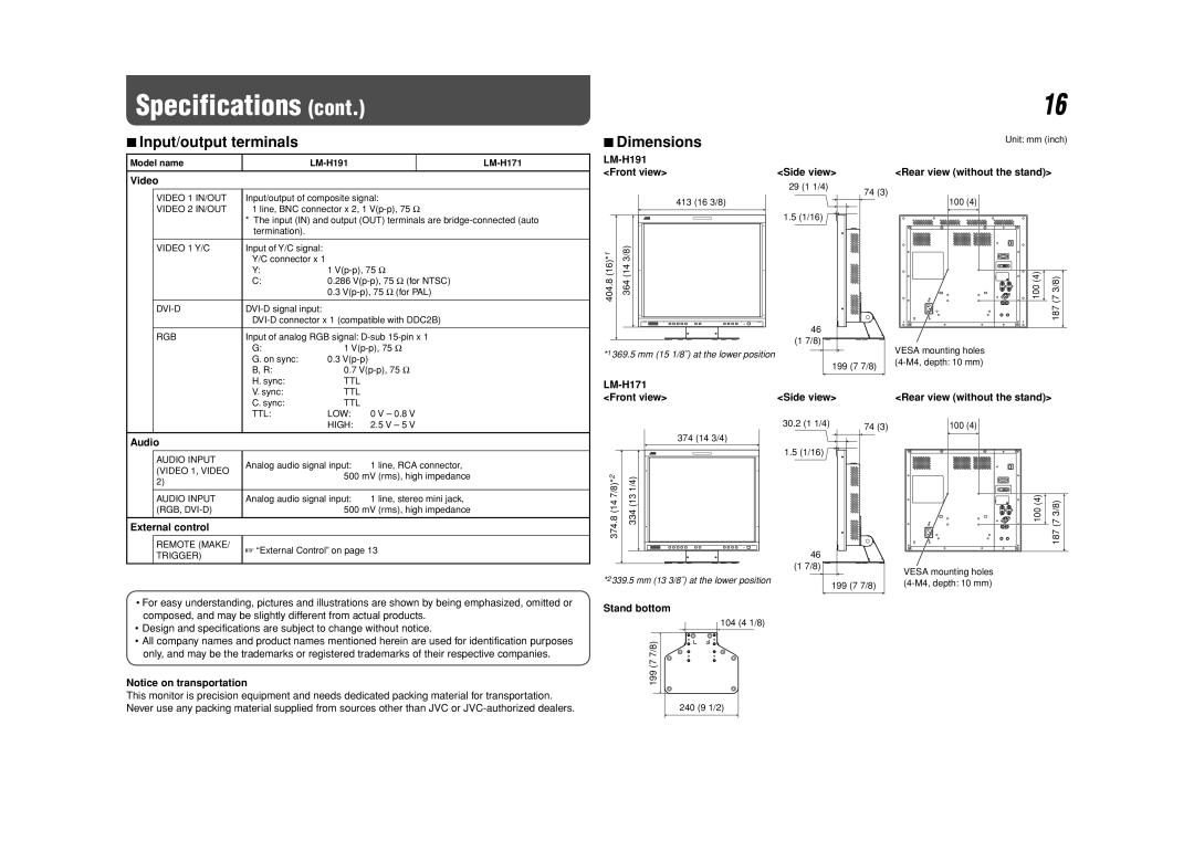 JVC LM-H191, LM-H171 manual Input/output terminals, Dimensions 