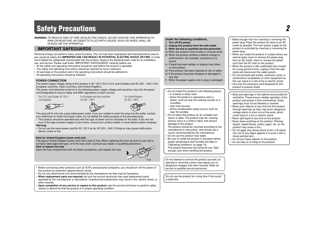 JVC LM-H191, LM-H171 manual Safety Precautions, Under the following conditions, How to replace the fuse 