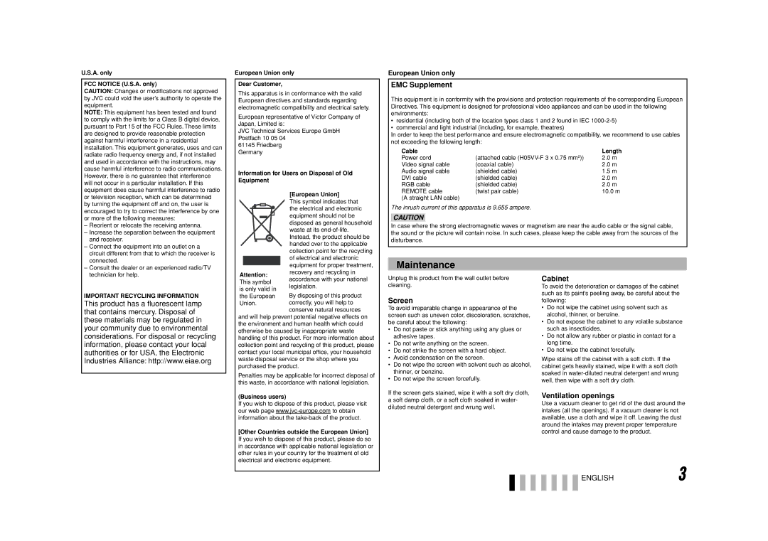 JVC LM-H171, LM-H191 manual Maintenance, European Union only, Important Recycling Information 