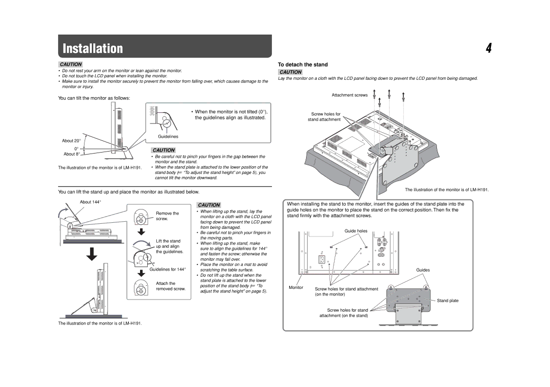 JVC LM-H191, LM-H171 manual Installation, You can tilt the monitor as follows 