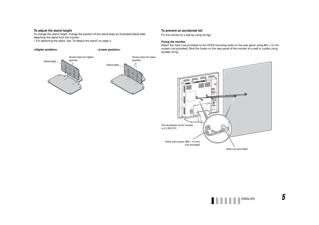 JVC LM-H171, LM-H191 manual Higher position Lower position, Fix the monitor to a wall by using strings, Fixing the monitor 