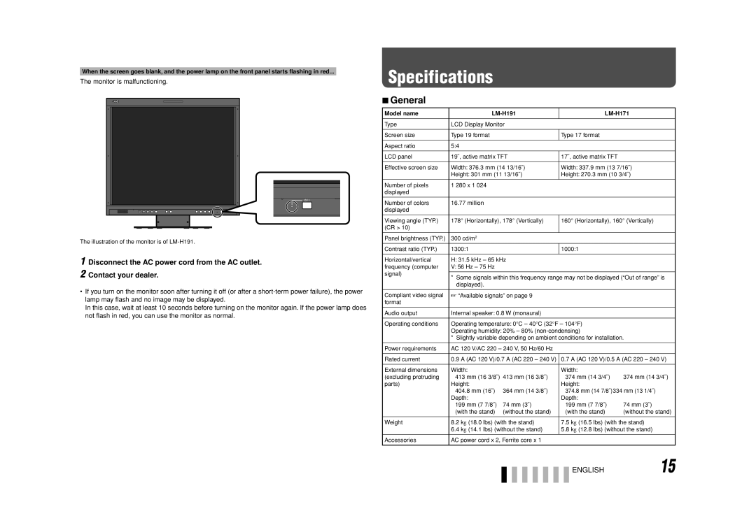 JVC LM-H171, LM-H191 manual Specifications, General, English 