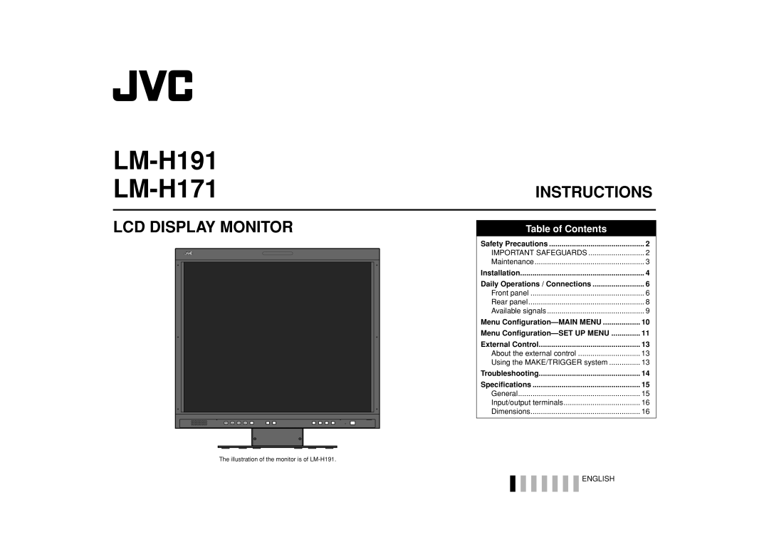 JVC LM-H191 LM-H171, Instructions, Lcd Display Monitor, Table of Contents, English, Safety Precautions, Maintenance 
