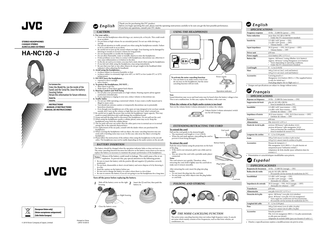 JVC HANC120 operating instructions Using the Headphones, Specifications, EXTENDING/RETRACTING the Cord, Spécifications 