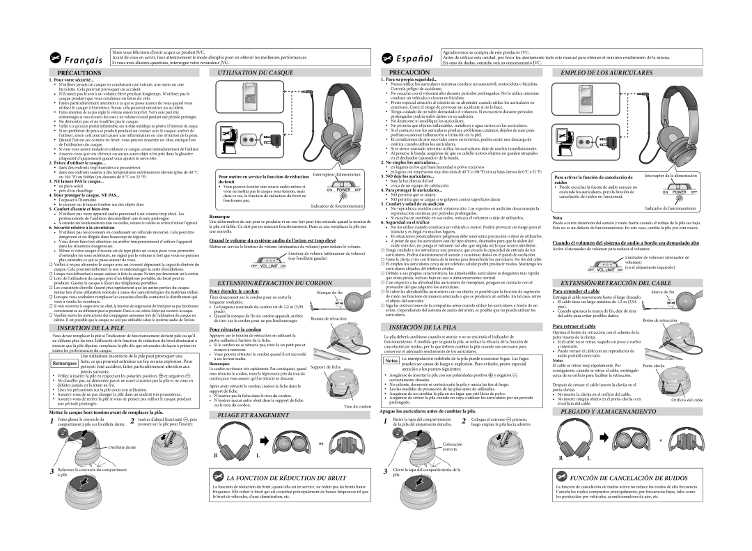 JVC HA-NC120 -J Utilisation DU Casque, Empleo DE LOS Auriculares, EXTENSION/RÉTRACTION DU Cordon, Insertion DE LA Pile 