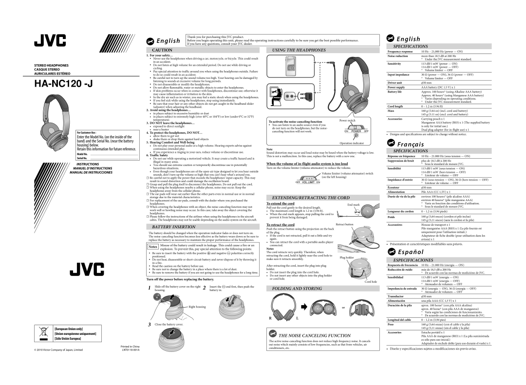 JVC HANC120 operating instructions English, Français, Español, HA-NC120 -J, housing below, To extend the cord 