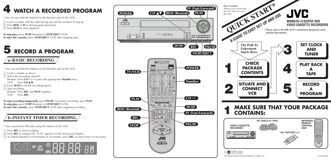 JVC LPT0414-002A, LP20878-001 quick start Watch a Recorded Program, Record a Program, Make Sure That Your Package Contains 