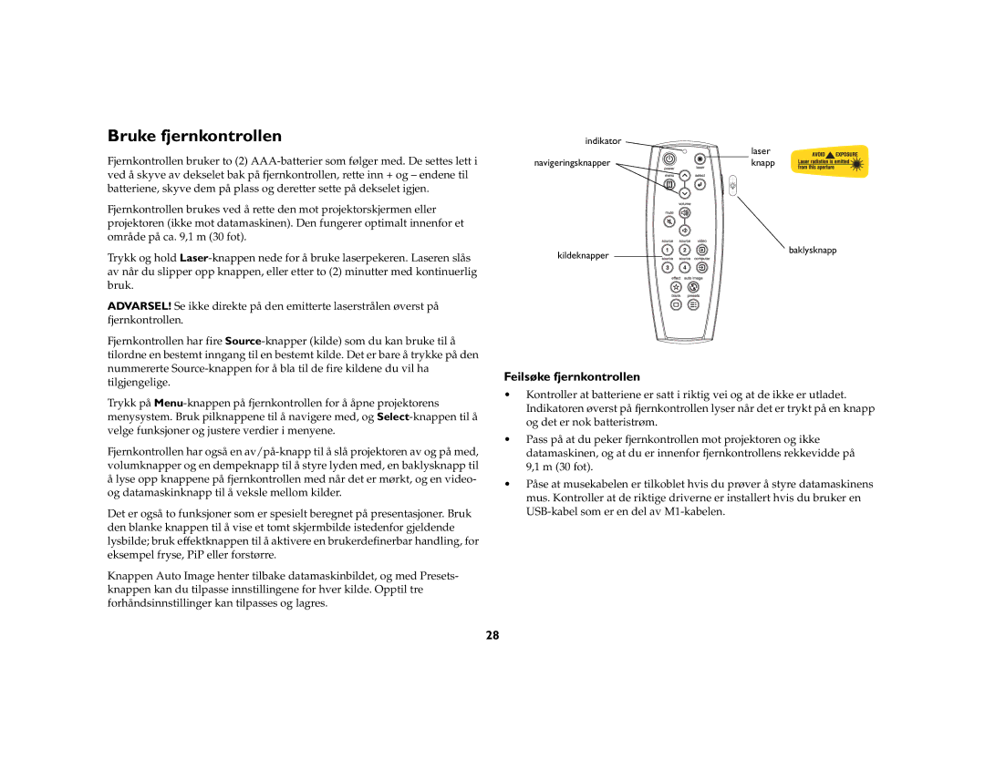 JVC LP840 manual Bruke fjernkontrollen, Feilsøke fjernkontrollen 