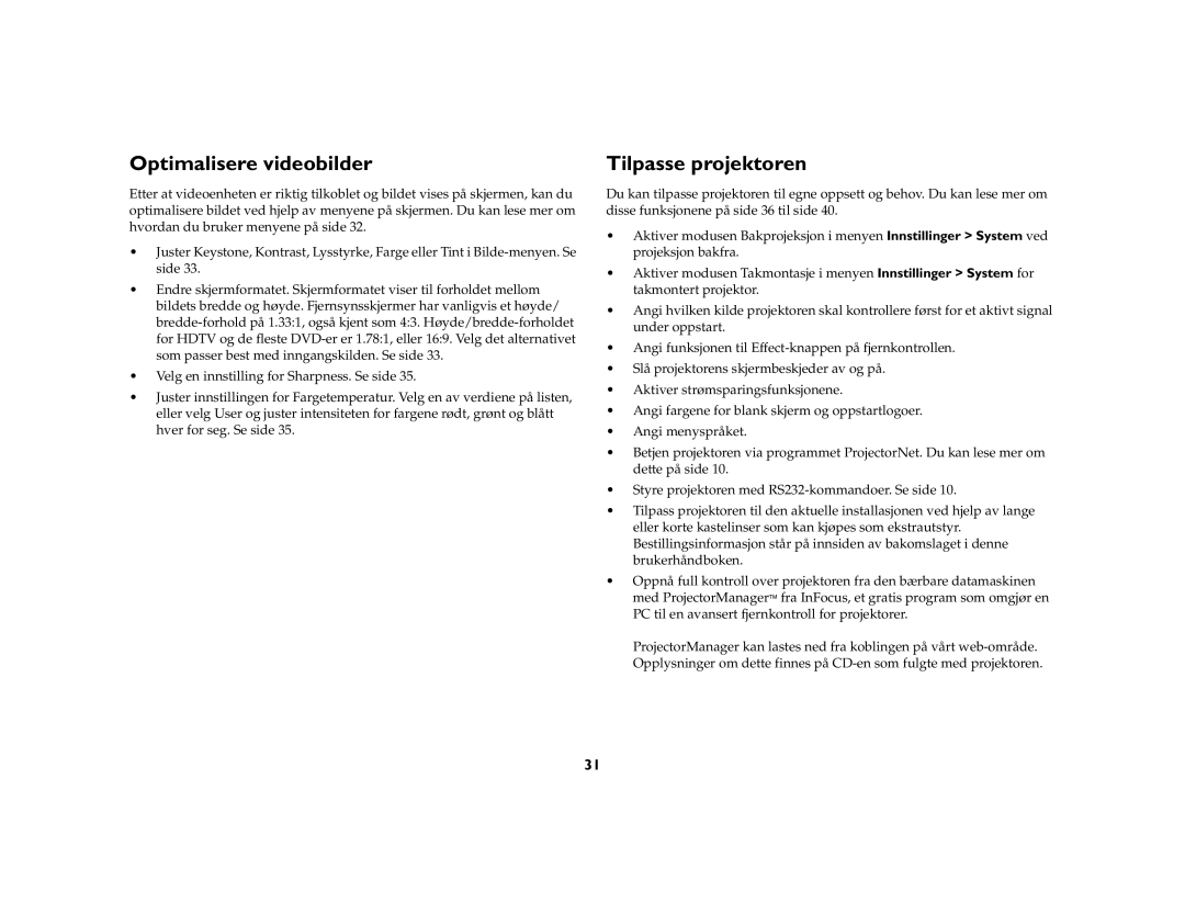 JVC LP840 manual Optimalisere videobilder, Tilpasse projektoren 