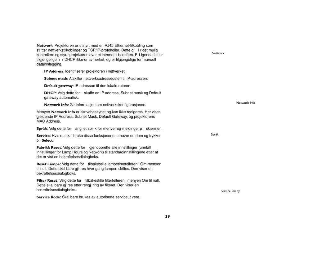 JVC LP840 manual Nettverk Network Info Språk Service, meny 